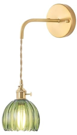 LIGINOK Aplique de pared para interior vintage industrial, lámpara de pared E27, pantalla de cristal verde, forma de flor, lámpara de noche retro de metal para cuarto de baño, sala de estar