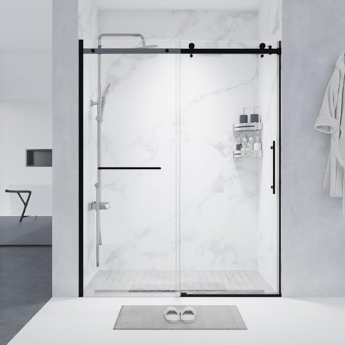 60-60.8 W x 76 H Double Sliding Shower Door, 1/4(6mm) Tempered Glass with Explosion-Proof Film and Nano Coating, Matte Black Semi-Frameless Shower Door, Stainless Steel Hardware