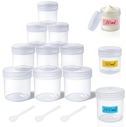HavaCue 12 Stück Cremedosen zum Befüllen 100/50/30 ml, Transparent Kunststoff Tiegel für Creme, Creme Tiegel Leer mit 3 Spateln, Döschen mit Deckel Set für Cremes Kosmetika Süßwaren Kleiner Schmuck