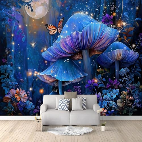 Schönheit Wald Mond Schmetterling Motiv Fototapete Kinderzimmer Wandtapete Schlafzimmer, 200 x 140 cm Dunkelblau Vliestapete Wohnzimmer Vlies Tapete, UV-Beständig Wanddekoration Tapete