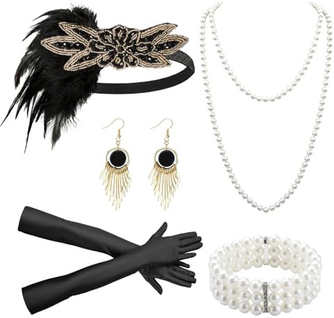 ETOFETE 5 Stück 20er Jahre Accessoires, Charleston Feder Stirnband, Handschuhe, Ohrringe, Perlenkette und Armband, Flapper Zubehör Damen für Karneval Fasching
