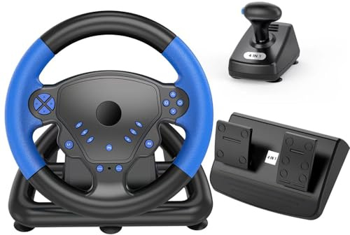 PUSOKEI Volante de Carreras de 135 Grados, Volante con Retroalimentación de Fuerza de Doble Motor con Pedales y Palanca de Cambios, para PC, Consola de Juegos, Smart TV