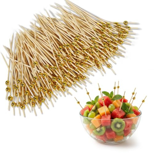 Geukmun 200 Pcs Cocktail Sticks Wooden, 12cm Gold Pearl Skewers, Cocktail Accessories for Drinks, Sandwich, Fruit, Canape, Burgers, Food Picks