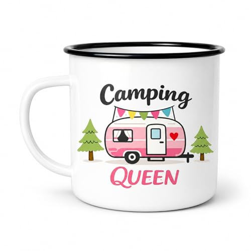 camping tasse Queen Emaillebecher, emaille tasse camping mit Wohnwagen Motiv, 300 ml Becher für Camperin, Campingurlaub Zubehör, Outdoor Kaffee Tee Geschenk für Freundin Frau Wohnmobil Reise