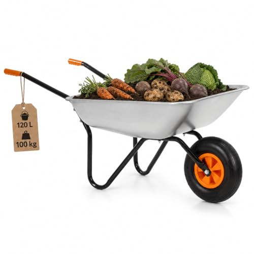Springos Carretilla de 120 l con neumáticos de aire y bandeja de acero galvanizado, capacidad de carga de hasta 100 kg, para jardín, construcción, patio, taller, color plateado y naranja