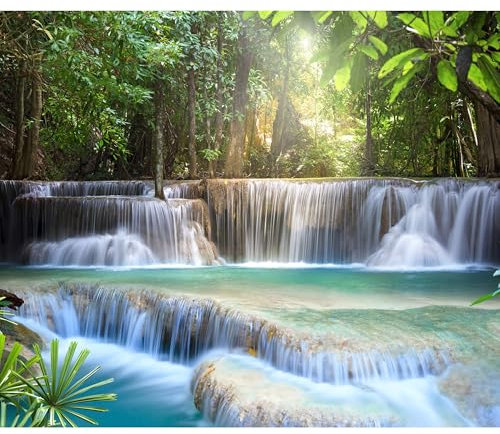 decomonkey Fototapete Wasserfall 350x256 cm XXL Design Tapete Fototapeten Vlies Tapeten Vliestapete Wandtapete moderne Wand Schlafzimmer Wohnzimmer Wald Natur