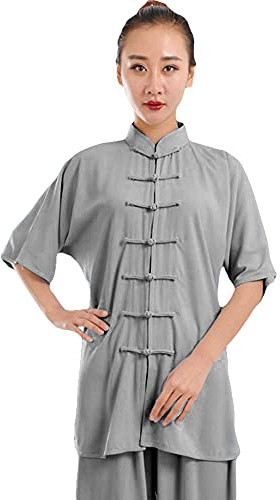 ZooBoo Unisex Cotton Blend Short Sleeves Tai Chi Suit Morning Exercise Uniform Kung Fu Clothing (XXL, Gray)