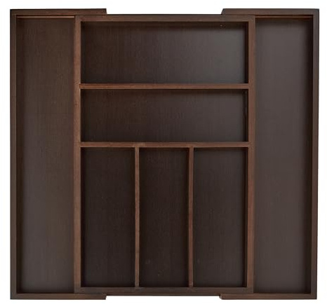 Relaxdays Extendable Cutlery Tray, var. Width, 5-7 Compartments, Bamboo Organiser, HBT: 5x48x46cm, Dark Brown