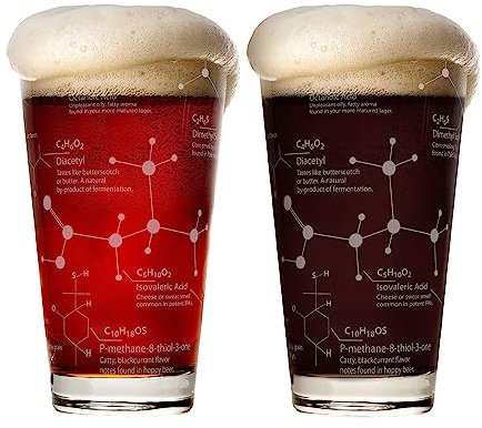 Greenline Goods Beer Glasses - 16 oz Pint Glass (Set of 2) – Science of Beer Glassware - Etched with Beer & Hops Chemistry Molecules