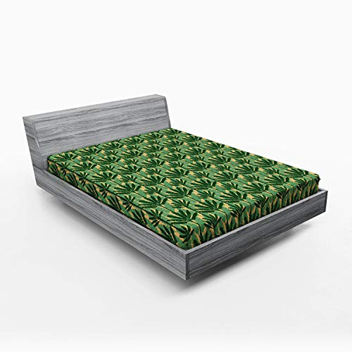 ABAKUHAUS Banana Leaf Fitted Sheet, Windmill Palm Trees, Soft Decorative Fabric Bedding All-round Elastic Pocket, 120 x 190 cm, Pale Yellow Jade Green