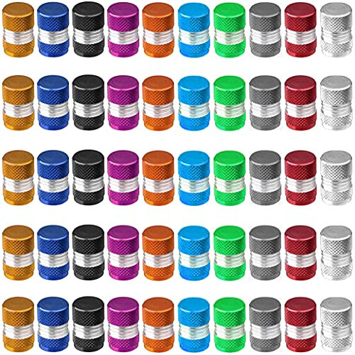 Greluma 50 Pièces Bouchons de Valve de Pneu, Couvercle de Bouchons de Valve de Pneu de Voiture avec Joint Torique, Bouchons d'air de Voiture en Aluminium Anti-Poussière, 10 Couleurs