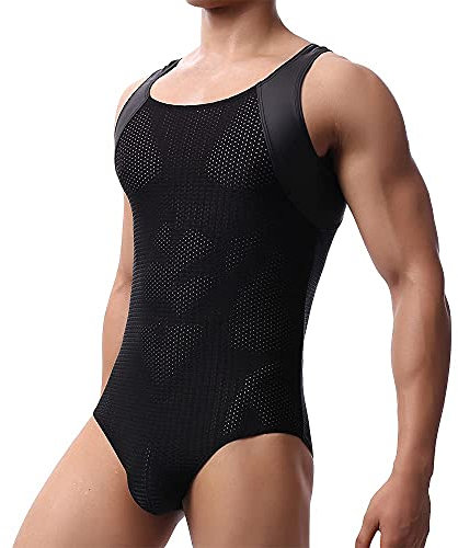 WMIERFI Herren Bodysuit aus atmungsaktivem Netzstoff, einteilig, Wrestling-Singlet-Bodysuit, Overall, Turnanzug, Slip, Unterwäsche, schwarz 2, Medium