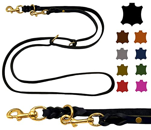 Hundeleine Fettleder Messing kleine Hunde/große Hunde 2m / 2,40m / 2,80m / 3,50m / 5m Doppelleine verstellbar (2m X 12mm, Schwarz)