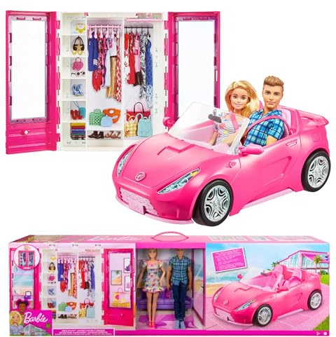 Barbie und Ken Puppe mit Kleiderschrank und faltbarem Auto, Rosa, Zweisitzer, inklusive Zubehör.