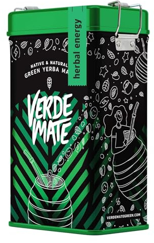 Verde Mate Green Herbal Energy 0,5 kg | Yerbera | Boîte en métal avec distributeur | Maté purifiant avec des herbes et des fruits 500 g | Goût excellant | Caféine naturelle | Thé du Brésil | 500g