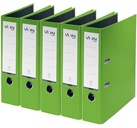 VON Leitz 10551055 Lot de 5 classeurs A4 en carton avec couverture en plastique, largeur de dos 80 mm, pour 600 feuilles, carton certifié FSC, pour l'école, l'étude et la maison, vert