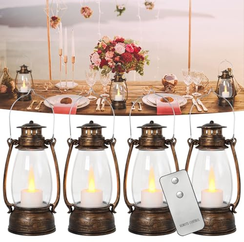 Reperla Vintage Lantern Decor, 4-Pack Flickering LED Candle Lantern with Remote Small Sized Lantern Indoor Outdoor Hanging Lanterns for Wedding Centerpiece,Halloween,Christmas,Farmhouse Decorations
