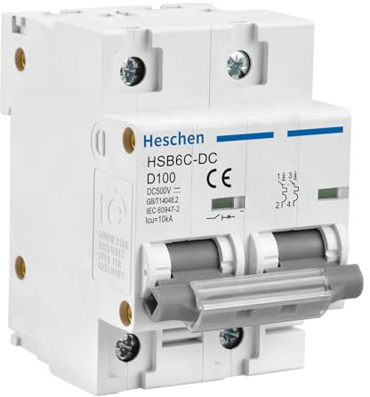 Heschen DC Miniature Circuit Breaker, HSB6C-DC, 2 Poles, DC500V 100A, Photovoltaic Circuit Breaker, for Solar PV System Solar Panels Grid System, 35mm DIN Rail Mounting
