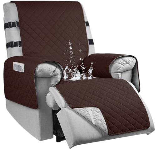 Sesselschoner für Fernsehsessel, 100% Wasserdicht 1 Sitzer Sesselschoner mit 3 Taschen, rutschfest Sesselauflage Relaxsessel mit 2 Verstellbaren Riemen, Waschmaschinenfest, Dunkelbraun, S