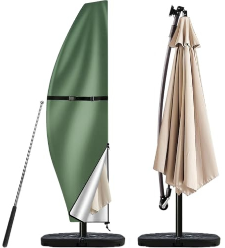 Teynewer Parasol Cover Waterproof, Garden Cantilever Umbrella Cover, Green | 210D Oxford Fabric, Telescopic Rod and Zipper Fit for 2 to 4 m Banana Patio Umbrella, Windproof, Anti-UV, 280x30x81/46cm