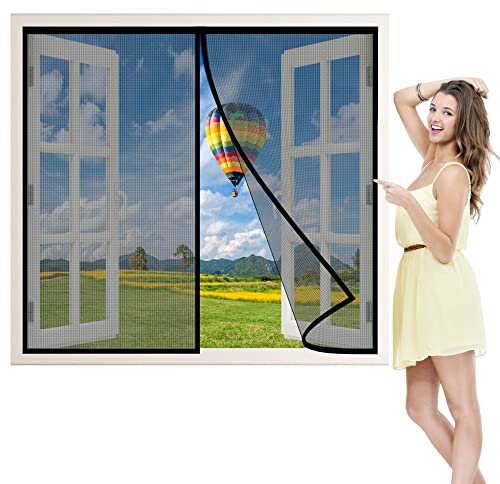 Insektenschutz Fenster Vorhang Polyester Lamellenvorhang, 155x125 cm mit Heavy Duty Mesh & Full Frame Klettverschluss Klemmleiste Fliegenvorhang, Schwarz P