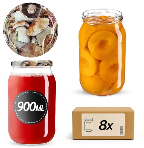 KADAX Lot de 8 bocaux en verre à insérer, 900 ml, utilisables comme pots à confiture, à provision, à conserve, aux champignons