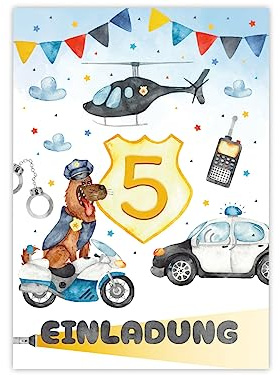 Minkocards 12 Einladungskarten zum 5. Kindergeburtstag Junge Polizei Detektiv Einladungen zum fünften Geburtstag Kinder bunte Geburtstagseinladungen