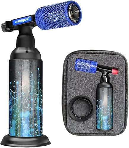 HOSECES Blue Butane Torch Lighter with Anti-Burn Stainless Steel Protective Cover,Refillable Gas Kitchen Butane Blow Torch,Adjustable Flame Guard with Case(Gas Not Included) (Blue-Stainless Steel)