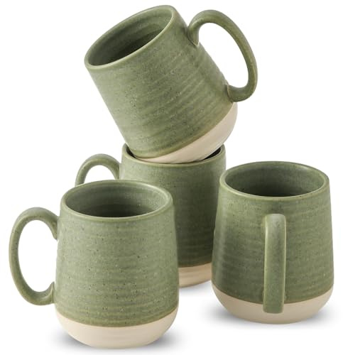 Large Ceramic Coffee Mugs Set - 15 OZ Porcelain Coffee Latte Cups Set of 4 with Handle Perfect for Cappuccino, Tea, Mocha, Hot or Cold Drinks, Unique Glaze Design for Home, Cafe and Coffee Bar, Green