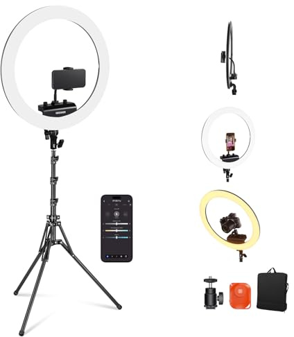 NEEWER Professional 18 Inch Ring Light with Tripod Stand Phone Holder Compatible with iPhone, 45W Remote Shutter App Control, Video Recording Makeup Selfie Studio Streaming Filming, RP18B Pro Black