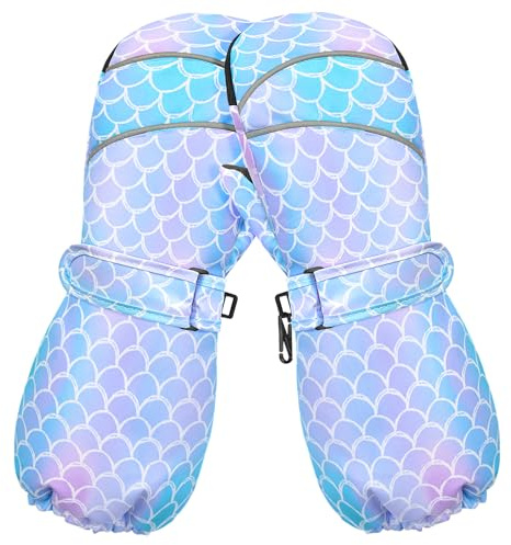 AuSletie Kinder Winter Fäustlinge Wasserdicht Schnee Ski Handschuhe für Mädchen Warm Sherpa Gefüttert Lange Manschette Snowboard Handschuhe, Blaue Meerjungfrau, Small