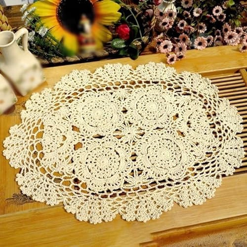 Ovale, handgefertigte Häkel-Tischmatte aus reiner Baumwolle, Vintage-Blumenmuster, Spitzendeckchen, Heimdekoration (beige)