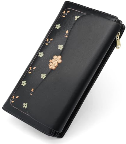 REETEE Portafoglio Donna Large,Portafoglio in Pelle PU Formato Lungo Portafogli da Donna con Cerniera Portamonete e 10 Porta Credito Carte (L-nero)