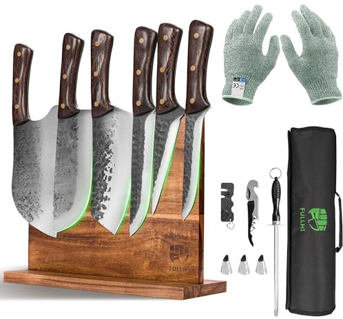 Set di coltelli da macellaio per pesce con blocco magnetico, 13 pezzi in acciaio ad alto tenore di carbonio forgiati a mano per disossare i coltelli da intaglio per cucina, campeggio, barbecue