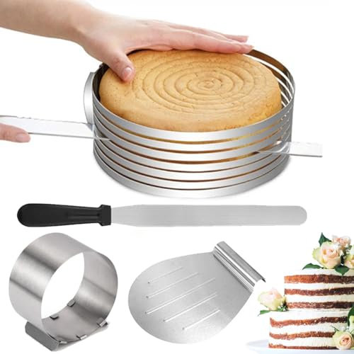 Karkar 4 Stück Torten Zubehör Edelstahl Set - Tortenring Verstellbar+Tortenbodenschneider+Tortenschneider Lang+Tortenheber, Backzubehör