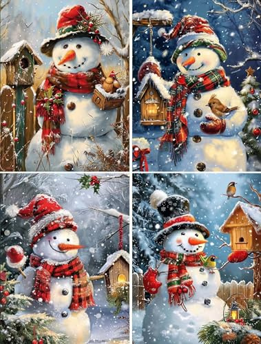 Xiaonu Diamond Painting,4 Pack 5D Diamant Painting Bilder Erwachsene Kinder,DIY Weihnachten Diamant Malerei Set,4 Stück Schneemann Diamond Painting für Wohnzimmer Schlafzimmer Wand Dekoration 15x20cm
