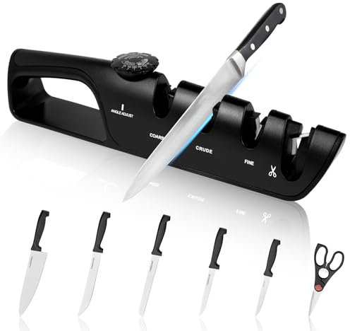 Kitchen Knife Sharpener Cutter Sharpener 14°-24° Adjustable Cutter Sharpening Tool Manual Scissor Sharpener Cutter Grinder Tool with Non-Slip Base Kitchen Cutter Sharpening and Polishing Tool(4 in 1)