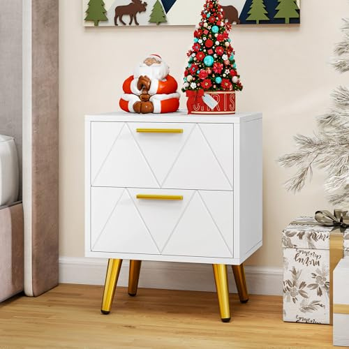 YITAHOME Comodino con 2 cassetti, 2 Porte e Prese USB, Comodino con Gambe e Maniglie in Metallo Dorato, Tavolino con Spazio per Riporre Oggetti per Soggiorno, Camera da Letto, 40x30x52 cm, Bianco