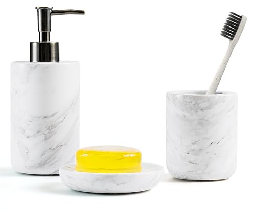 WORHE Badezimmer-Accessoires-Set aus italienischem Naturmarmor, 3-teiliges Bad-Accessoires-Kit mit Zahnbürstenhalter, Seifenspender und Seifenschale, Farbe Weiß (WH054)