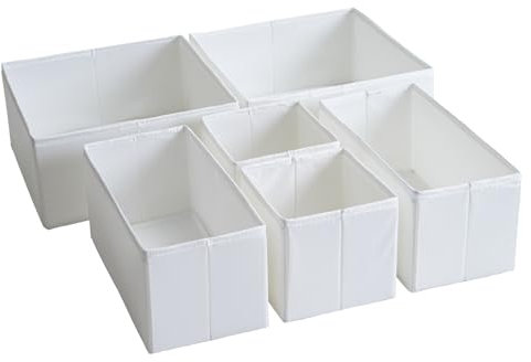 TYEERS Schubladen Organizer, Strapazierfähiger Stoff, Waschbar, mit Bodenstützplatten, Kleine Aufbewahrungsboxen für Badezimmer, Kleiderschrank, Kommode, 6er-Set, Weiß