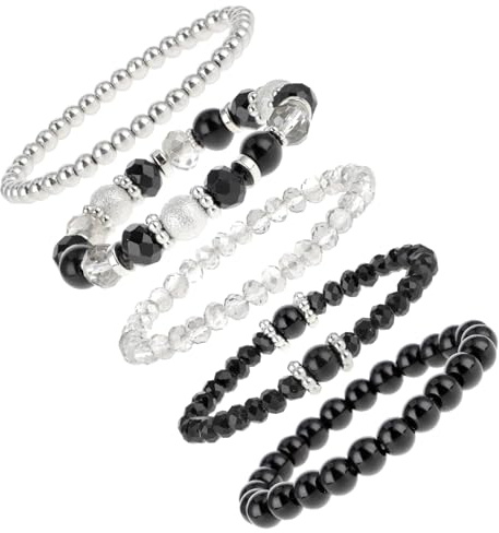 Yolev Beaded Pearl Stretch Bracelet Silver Stackable Crystal Beads Bracelets Trendy Costume Jewelry Bead Bracelets Set Black Jewelry Accessories for Birthday Party Vacation Decor Friendship BridalGift