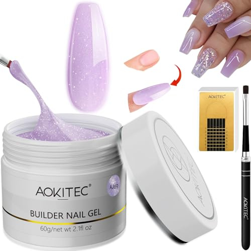 Aokitec Bygggel nagelset – 60 g lila builder hård gel med 100 nagelformer och borste för nagelförlängning, förstärkning och reparation, manikyr startset, gör-det-själv-set för nageldesigner