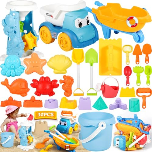 ZQEJEFD Sandspielzeug, 30 Stück Strandspielzeug Kinder, Strand Sandspielzeug Set mit Wasserrad,Eimer, Sandförmchen,Sandschaufel,Netzbeutel,Sandkasten Spielzeug für Kinder 1 2 3 Jahre (Zufällige Farbe)