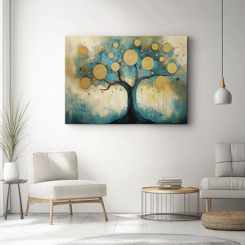 Bild Auf Leinwand 150L X 50B Cm Geldbaum Kunst Reichtum Blau Gold– Großes Wandbild Für Wohnzimmer & Schlafzimmer – Moderne Vlies Kunstdrucke, Wanddekoration Für Ihre Wand