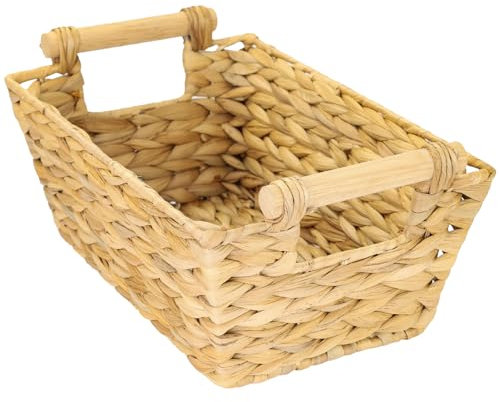 HMF Aufbewahrungskorb Badezimmer, Korb mit Holzgriffen geflochten aus Wasserhyazinthe | lang und eckig | 30 x 20 x 12 cm