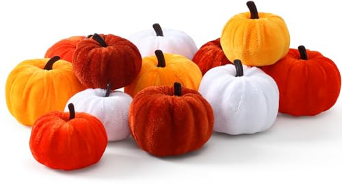 Sahoottie 12Pcs Fall Artificial Pumpkins Decorations for Home Mini Velvet Fabric Harvest Pumpkins Orange White Pumpkin for Decoration Fall Autumn Decorations Thanksgiving Party Table Decor