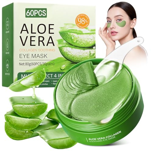 60 Pièces Patchs Yeux à l’Aloe Vera, Masque Yeux Collagène & Acide Hyaluronique, Anti-Âge, Hydratant et Rafraîchissant, Réduit les Cernes, Rides, Poches et Fatigue Oculaire
