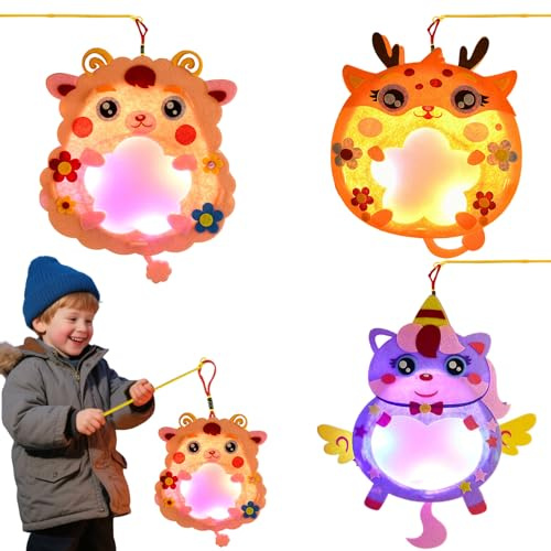 3 Stück Laternen Bastelset für Kinder,Lampions Tier Laterne Basteln Set, Laterne St Martin mit Laternenstab,Tier Lantern Basteln Set Kreativset,für Junge Mädchen (Lamm, Einhorn, Rehkitz）