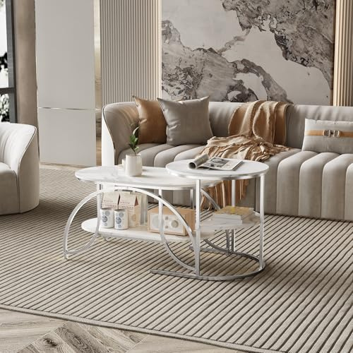 Lietre Couchtisch 2er Set, Hochglanz Couchtisch Rund Silberne, Rund&Abgerundetes Quadrat, Moderne Satztisch, Marmor Optik Wohnzimmertisch Weiß (Silberne Tischbeine + weiße Platte)