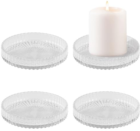 4 Pieces 3.46''/8.8 CM Pillar Candle Tray Plate Home Decor Set, Round Crystal Candle Holders Dish Clear Decorative Stand for Table Centerpieces Wedding Party Holiday (Transparent)